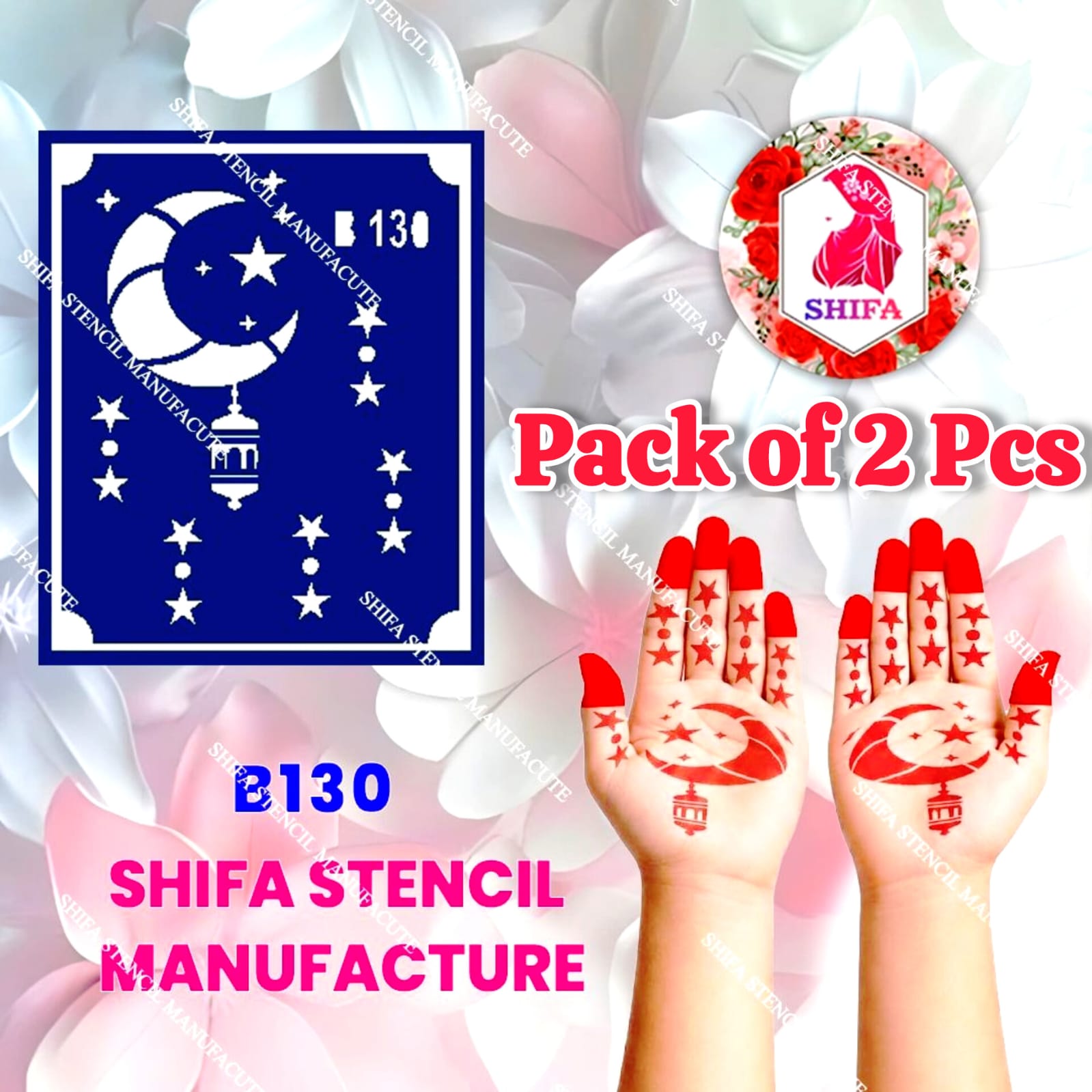 B130 (age 5 to 10) Starlit Crescent Cascade Double Hand Henna Stencil - Shifa Stencil